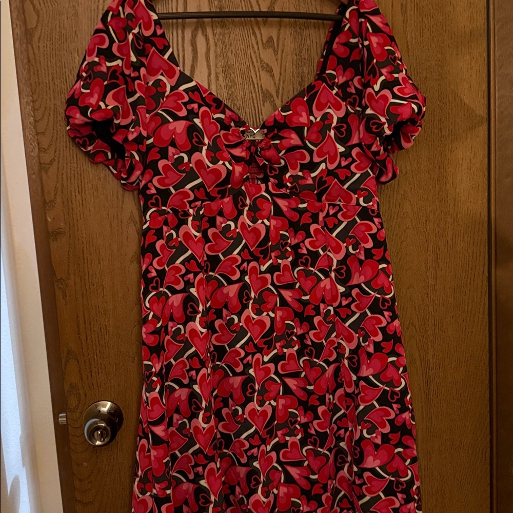 Heart Patterned Red and Black Midi Dress